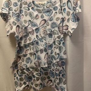 indigo soul Shell-Print Ruffle Top in Blue & White